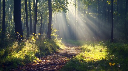 Obraz premium A sunlit path winds through a misty forest, dappled sunlight illuminating the woodland floor.