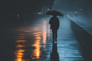 Person Walking Alone with Umbrella on Rainy Night Street