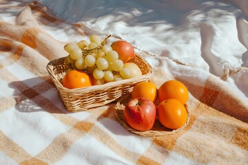 Fresh Summer Fruits in Wicker Basket on Picnic Blanket