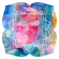 Illustration of mandala shape with white frame. Multicolored colorful watercolor texture, background. Oriental ethnic asian lotus flower symbol sign, chakra silhouette. Pink blue colors.