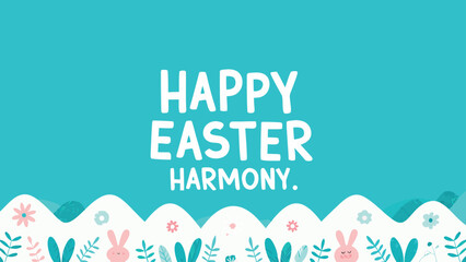 Happy easter harmony text with cute bunnies and floral elements on a turquoise background perfect for spring celebrations and festive greetings
