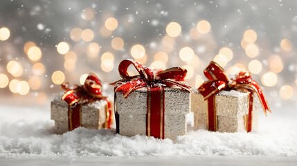 Christmas gift boxes with red and gold ribbons arranged on a soft snowy surface. Festive bokeh lights in the background enhance the premium holiday atmosphere