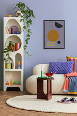 Interior desgin of modern living room interior with mock up poster frame, colorful decorations and...