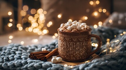cozy Christmas evening scene featuring a mug of hot cocoa topped with marshmallows, surrounded by warm glowing fairy lights