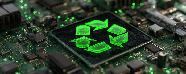 Glowing green recycle symbol on computer circuit board. Technology meets sustainability with electronic components, complex circuitry, glowing lights. Focus on innovation, environmental