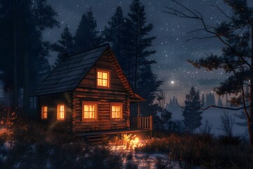 A cozy wooden cabin at night with warm glowing windows, nestled in a quiet forest under gentle starlight