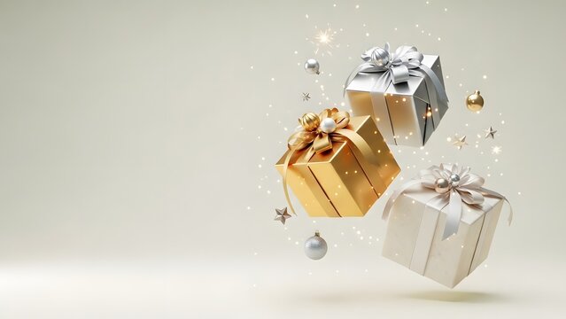Golden Christmas Gift with Ribbon on White Background