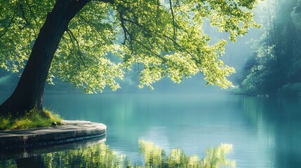 A tranquil scene of a large tree with lush green leaves growing near a calm lake on a misty morning.
