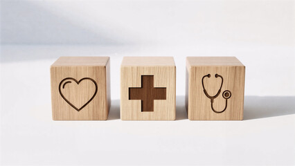Three wooden blocks with carved health symbols including a heart, medical cross, and stethoscope on a bright white background. Concept of healthcare, medical service, wellness, and hospital support.