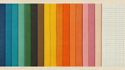 A color gradient of vertical paper strips shifts from blue to pink, with a grid paper background