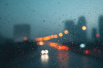 Cosmic night with falling snow, raindrops on glass