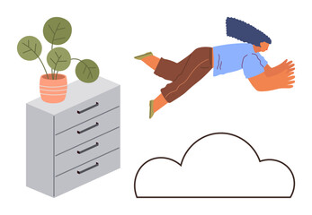 Dynamic figure jumping toward outlined cloud, next to cabinet with potted plant. Ideal for innovation, dream, aspiration, creativity, surreal concepts, decision-making progress. Simple flat metaphor
