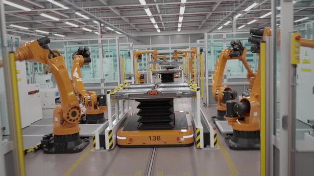 Dynamic fly-through an automated EV production line with autonomous robotic arms assembling lithium-ion battery modules for the automotive industry. Modern electric car factory. 3d animation render