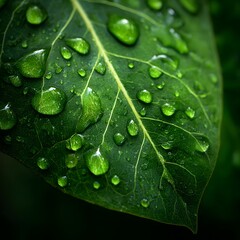Green leaf covered with fresh water drops