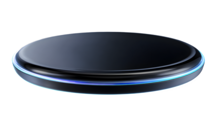 Isolated black wireless charging pad with blue led light on a dark background for mobile devices