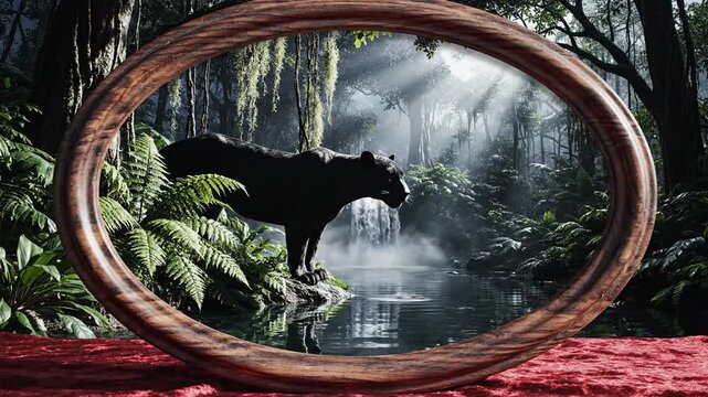 Enchanting forest waterfall scene with butterfly viewed through vintage wooden frame