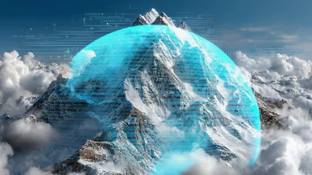 Digital Mountain Visualization: A digitally enhanced panoramic view of a snow-capped mountain range, with a holographic sphere overlaid, creating a fusion of nature and technological innovation. 