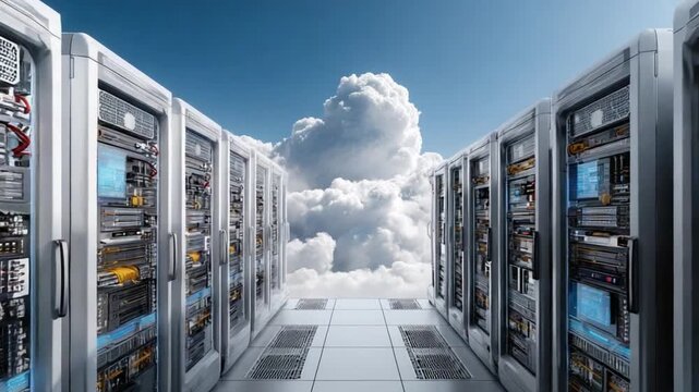 Cloud Data Center: A striking visual of a data center corridor, framed by rows of servers, merging with a vast expanse of clouds, symbolizing data storage and cloud computing.