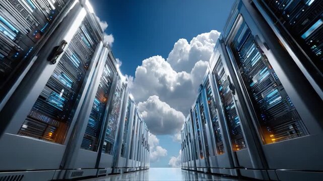 Data Center in Cloud: An innovative concept intertwines the digital realm of data storage with the ethereal beauty of the sky, visualized with data servers merging with the cloud.