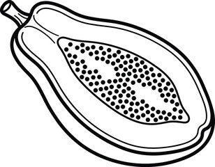 Half Cut Ripe Papaya Fruit Outline Line Art Vector Illustration, Hand Drawn Sketch Style Black and White Graphic Design, Tropical Sweet Food Ingredient Drawing