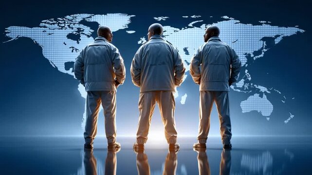 Global Guardians: Three individuals stand as silent sentinels, embodying a sense of purpose and readiness against a backdrop of a world map, representing international collaboration and security.