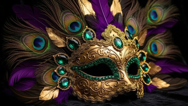 Ornate gold carnival mask with green jewels and vibrant peacock feathers on a dark background for masquerade celebration - Powered by Adobe