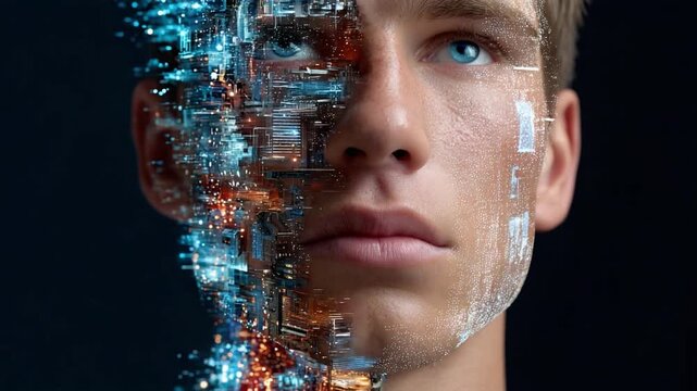 Cybernetic Metamorphosis: A human face transitions into a complex web of technology. This image depicts a conceptual fusion, examining the intersection of humanity and innovation
