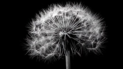 Dandelion seed head illuminated in black and white against a dark background, showcasing delicate fibers and nature's beauty