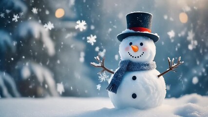 Cute snowman and slowly falling snowflakes - Powered by Adobe