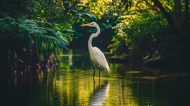 A white egret stands in a tranquil lagoon with lush green vegetation surrounding it.