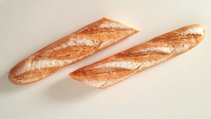 A baguette cut in half on a white background. Division in mathematics: half, percent, division.