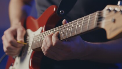 Musician's hands playing a red electric guitar close up, fretting notes on the wooden fretboard and strumming with a pick under moody blue stage lighting