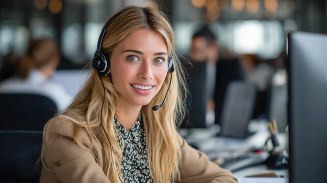 Professional Communication: A young woman, radiating professionalism and warmth, dons a headset while working diligently, embodying a helpful and approachable demeanor.
