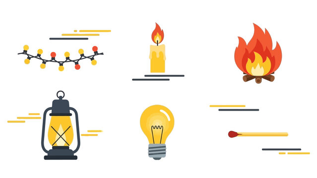A charming vector icon set for Christmas and winter, featuring festive lights, cozy candles, and essential light sources, perfect for holiday designs