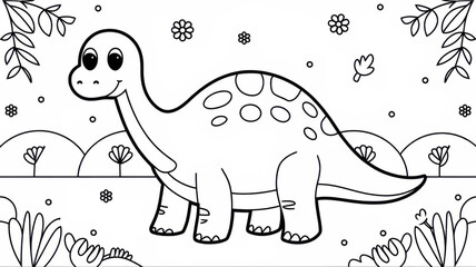 Kids dinosaur coloring page with a friendly Brontosaurus, long neck and small rounded body. Thin black outline with simple contours and many small decorative details. Black and white isolated printabl