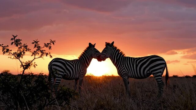 Silhouettes of two zebras interacting closely in the savanna under a colorful sunset sky.