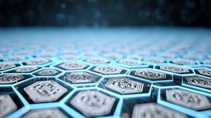 Digital hexagonal pattern with glowing edges and abstract lighting effects showcasing modern technology and innovation in a futuristic setting