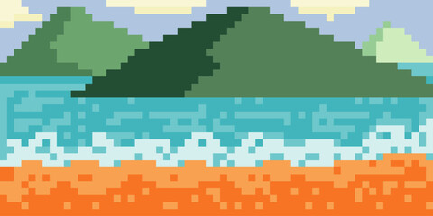 Pixel art sea and mountains landscape background