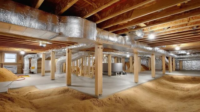 Basement's Interior : A clean and spacious basement area, with exposed wooden beams and ductwork, creating an appealing perspective.
