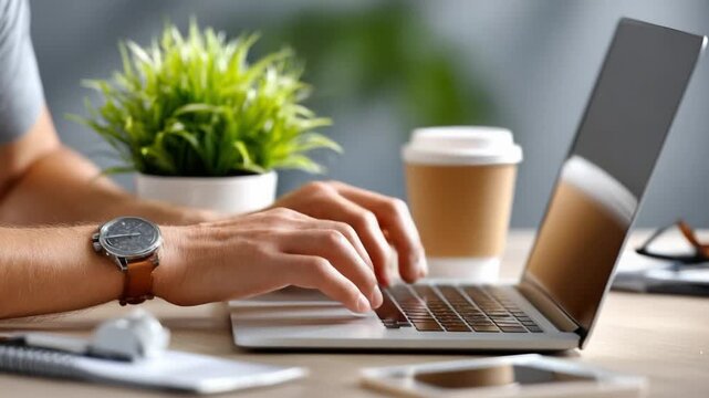 Focused Task: An individual concentrates on their work, typing meticulously on a laptop keyboard. The setting captures a moment of deep focus amidst the details of a modern workspace.