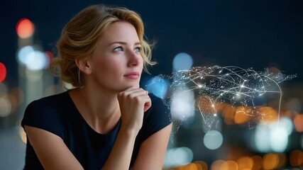 Global Thinking Woman: A woman contemplates the world, her gaze meeting the cityscape as she envisions the interconnectedness of a global network. Exploring a world of thoughts and possibilities.
