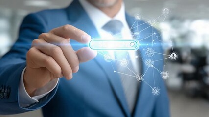 Innovation at Hand: A poised professional in a tailored suit delicately holds a glowing icon symbolizing innovation and connectivity.