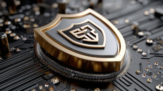 Digital Fortress: A golden shield, representing digital security and protection, rests upon a detailed circuit board, illustrating the concept of safeguarding sensitive information in the digital age.