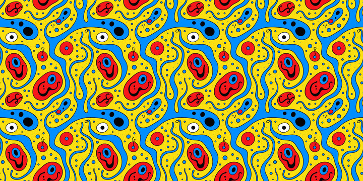 Lively biomorphic seamless pattern, organic fluid shapes, bright red, yellow, blue palette, ideal for playful fashion, creative prints, and children's decor