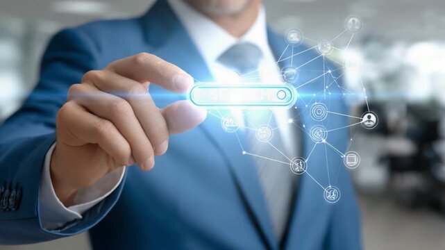 Innovation at Hand: A poised professional in a tailored suit delicately holds a glowing icon symbolizing innovation and connectivity.