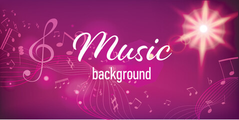 Horizontal vector template for a music banner or stream cover featuring a glowing beam of light, dynamic treble clef, curved musical staff, and floating notes. Bright illumination, modern abstract sty