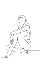 Woman Sitting in Line Art Style on White Background