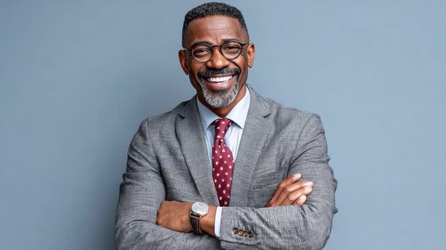 Confident Portrait: A distinguished man of color exudes self-assurance with a warm, genuine smile. His composed demeanor and sophisticated attire underscore professionalism and approachability.