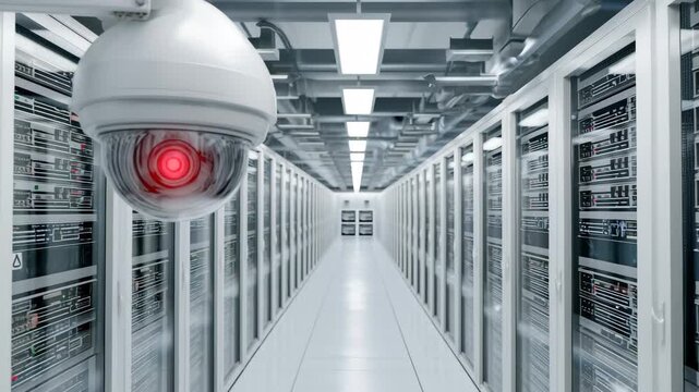 Security camera monitors rows of servers in a modern data center with bright lights and organized technology