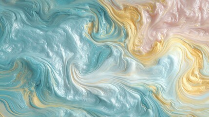 Obraz premium Swirling, iridescent paints blend, forming an abstract, fluid texture. Colors include blue, gold, pink, and white